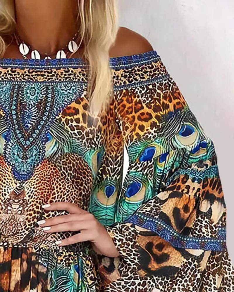Shoulder animal leopard print long sleeve dress