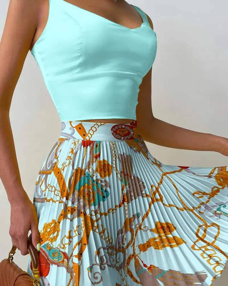 Solid tank top chain print pleated skirt set