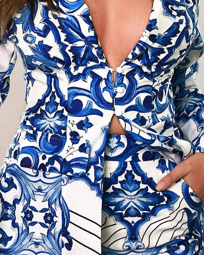 Baroque print long sleeve blazer shorts set