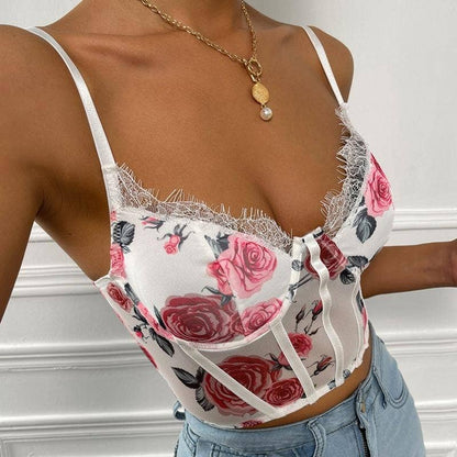 Sexy See-Through Floral Print Laced Hem Camisole Top