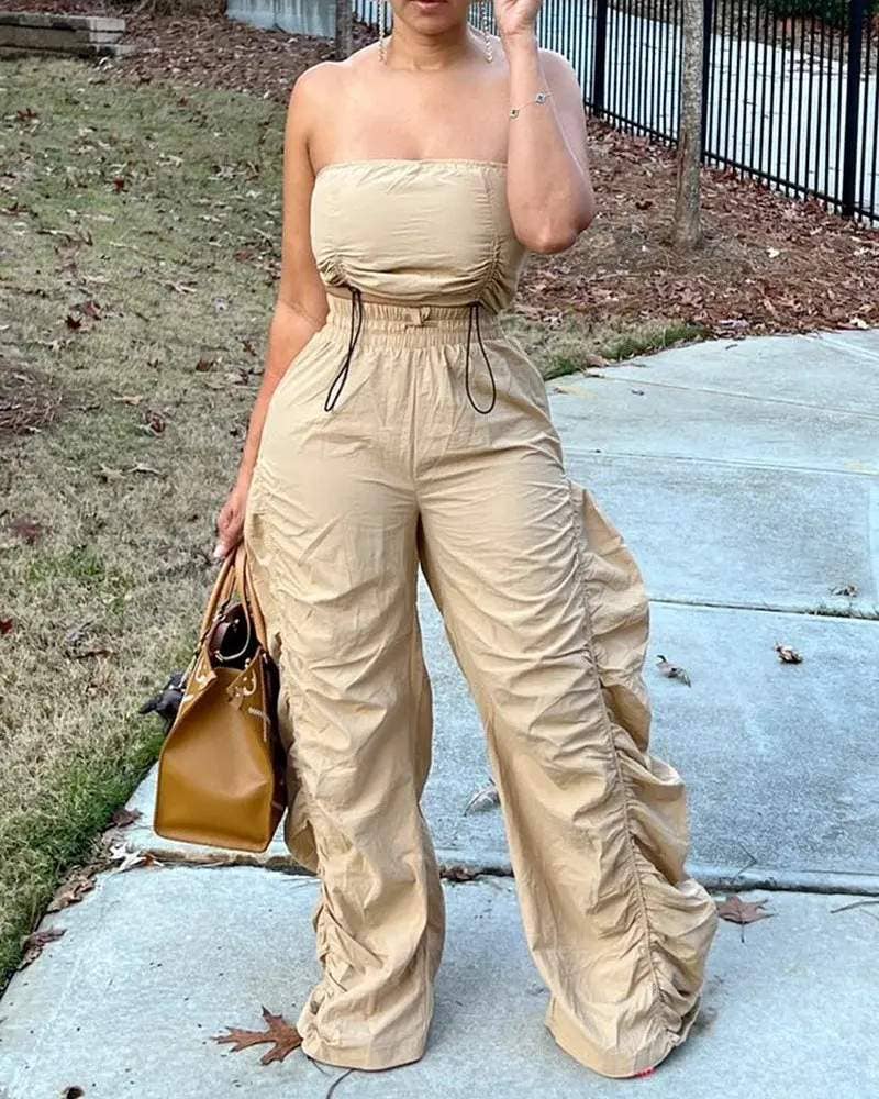 Drawstring hem crop tube top ruched pants set