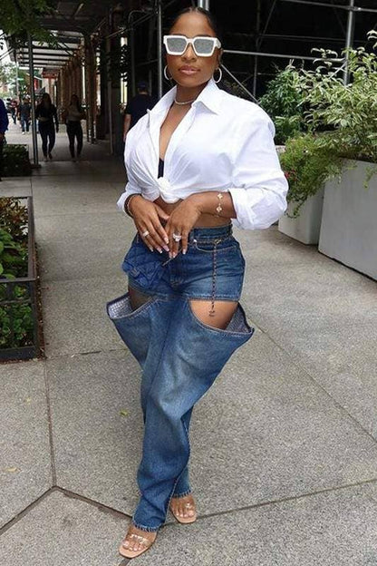 Cutout baggy denim long jeans
