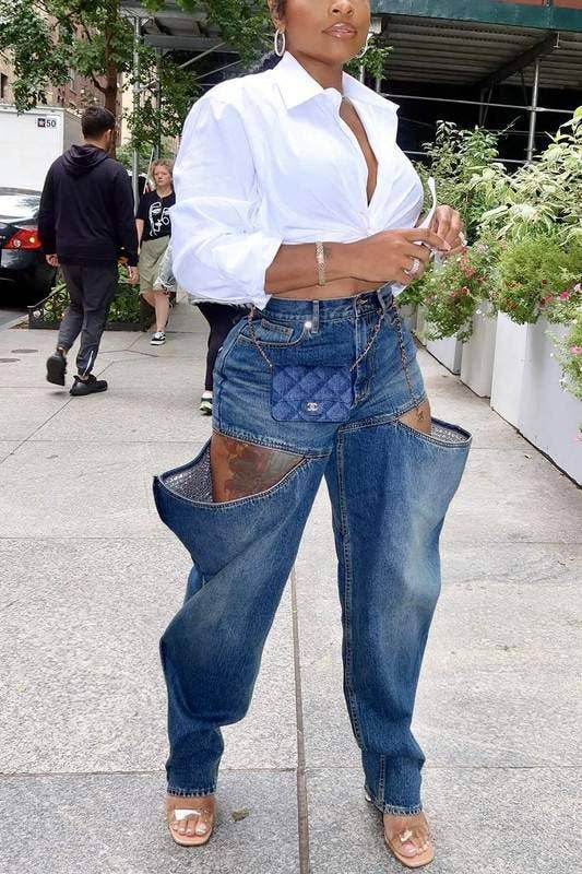 Cutout baggy denim long jeans