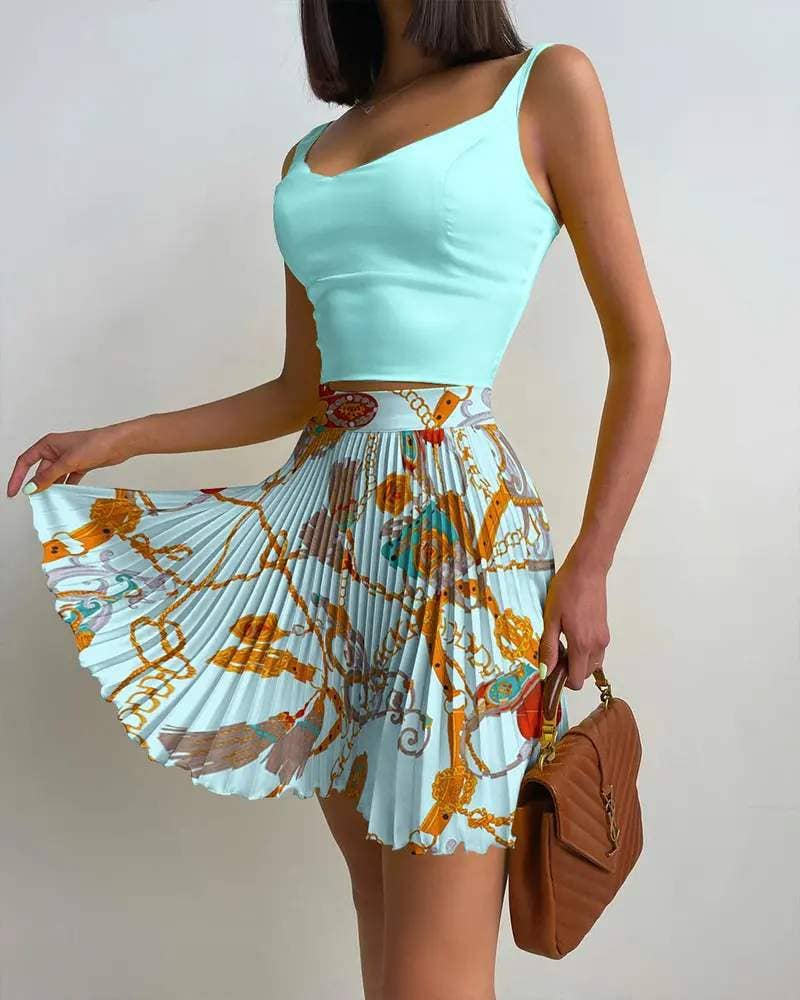 Solid tank top chain print pleated skirt set