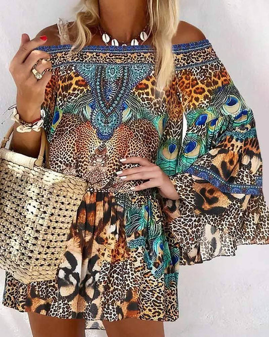 Shoulder animal leopard print long sleeve dress