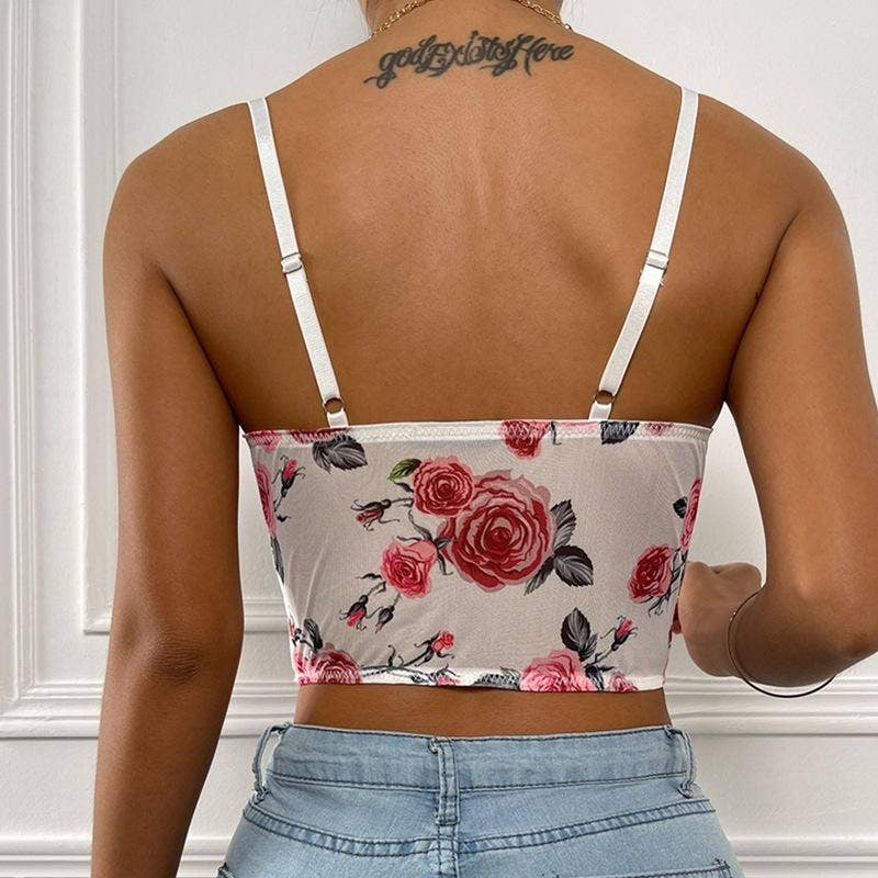 Sexy See-Through Floral Print Laced Hem Camisole Top