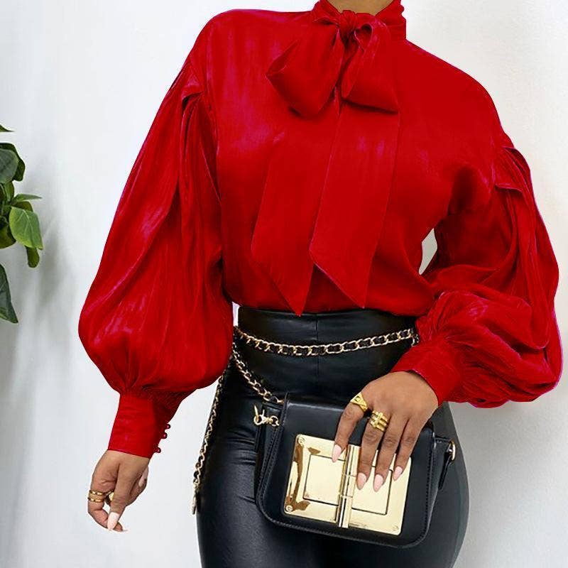 Stylish Stand Collar Bowknot Lantern Sleeve Blouse
