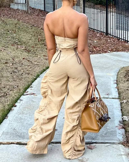 Drawstring hem crop tube top ruched pants set