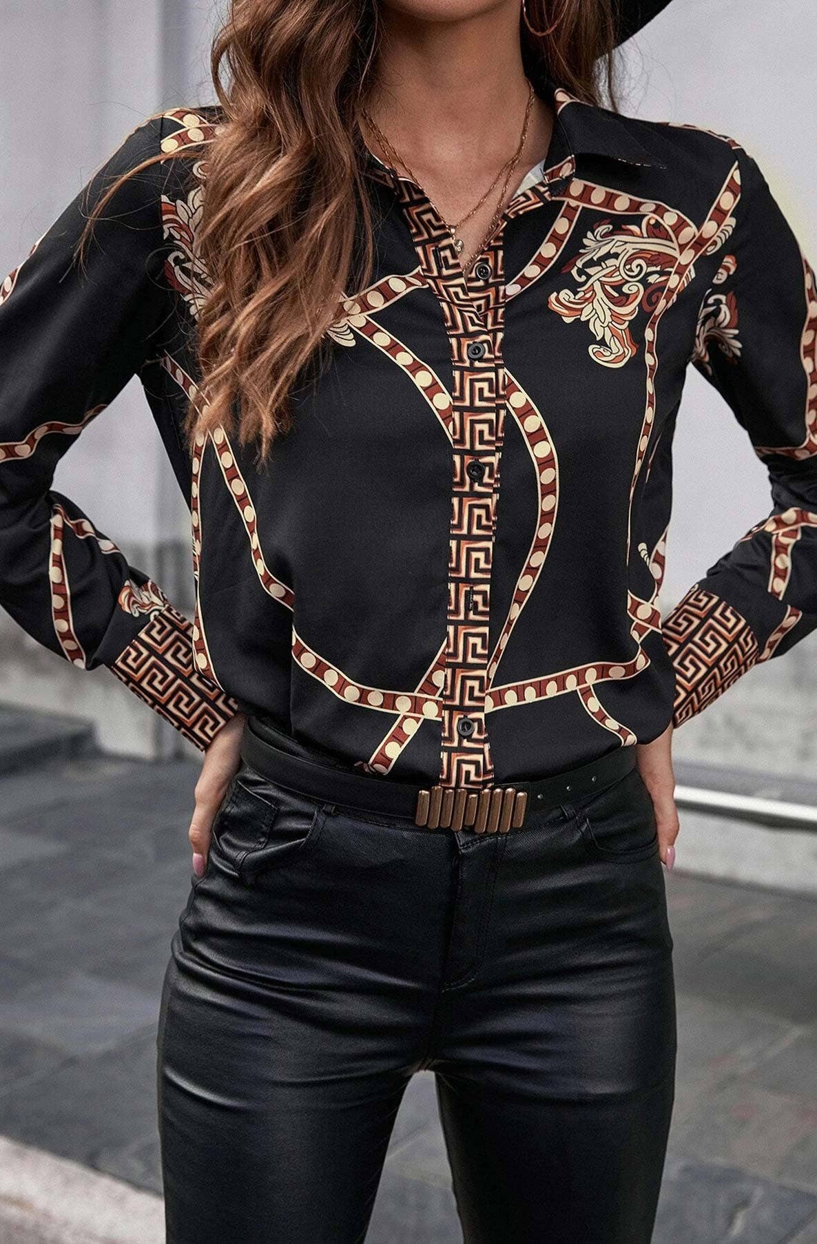 Katalina Paisley Fret Patterned Shirt Top-4-Black