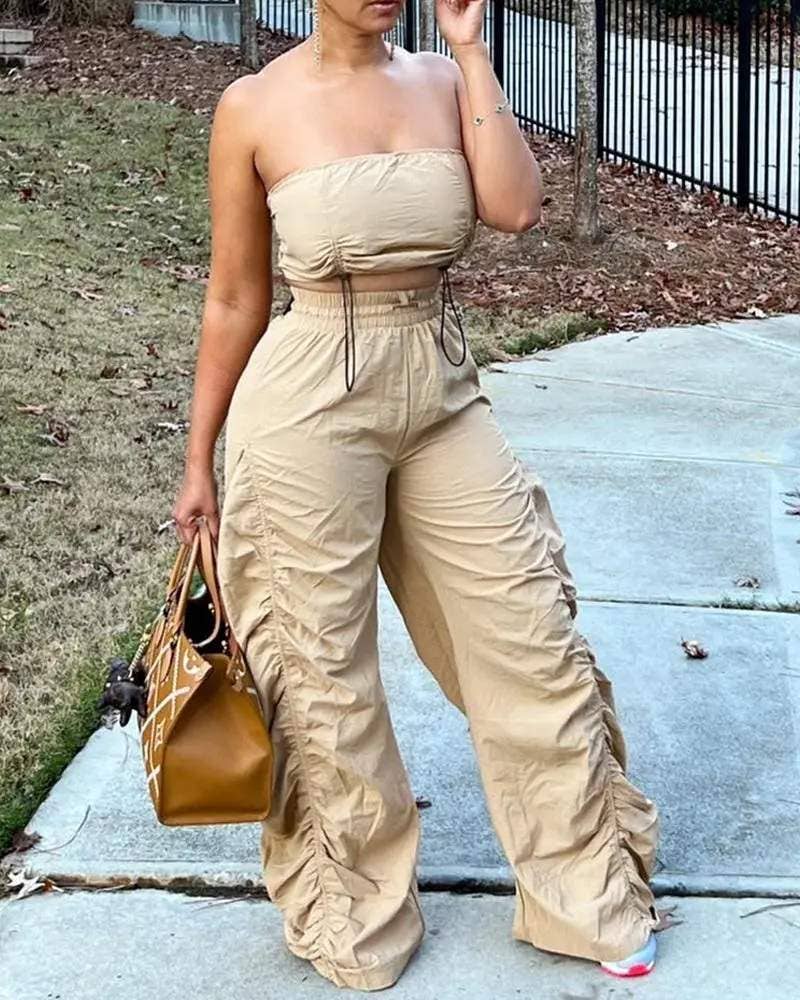 Drawstring hem crop tube top ruched pants set