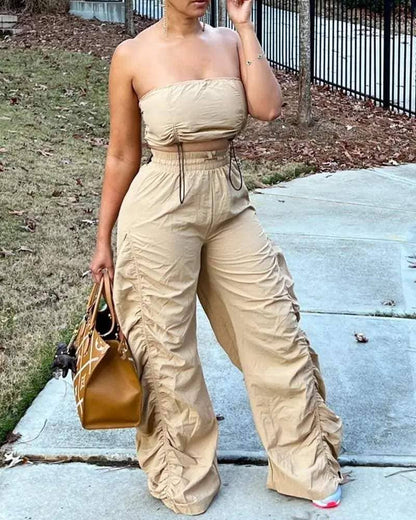Drawstring hem crop tube top ruched pants set