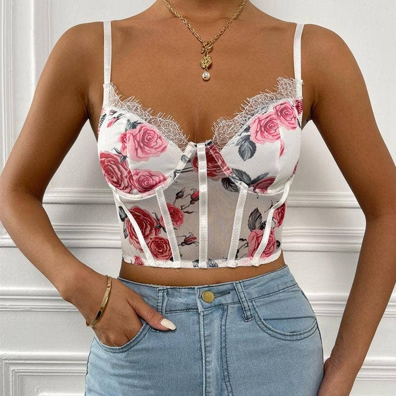 Sexy See-Through Floral Print Laced Hem Camisole Top