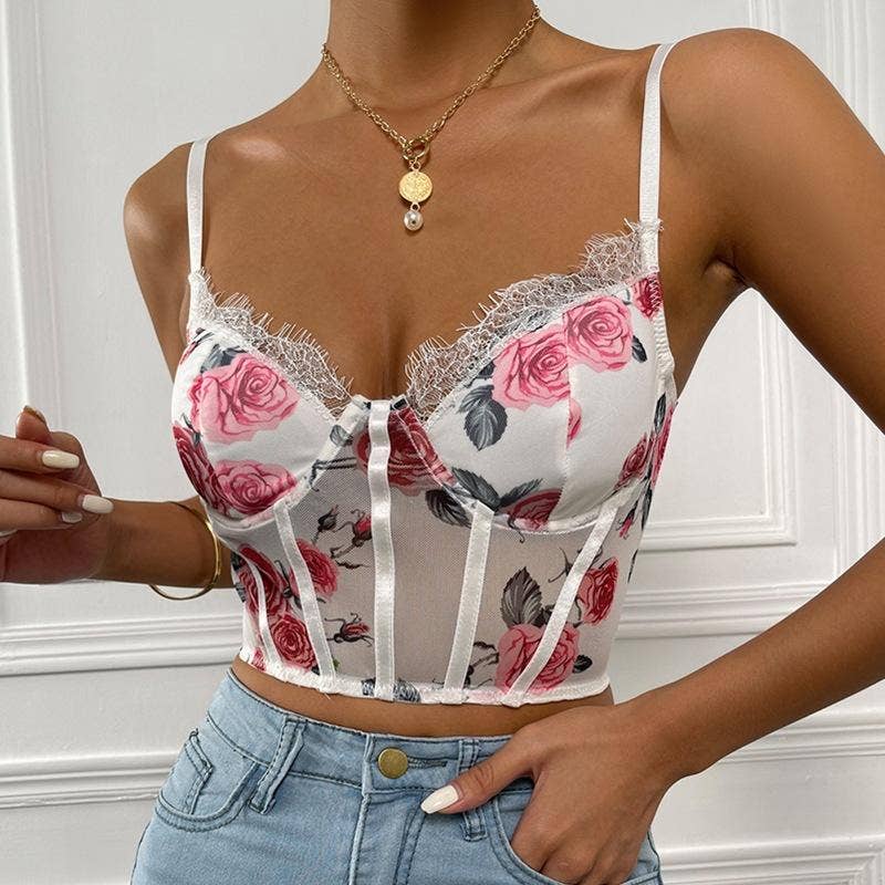 Sexy See-Through Floral Print Laced Hem Camisole Top