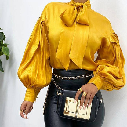 Stylish Stand Collar Bowknot Lantern Sleeve Blouse