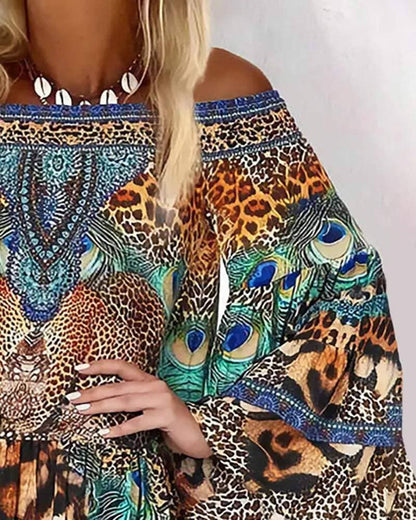 Shoulder animal leopard print long sleeve dress