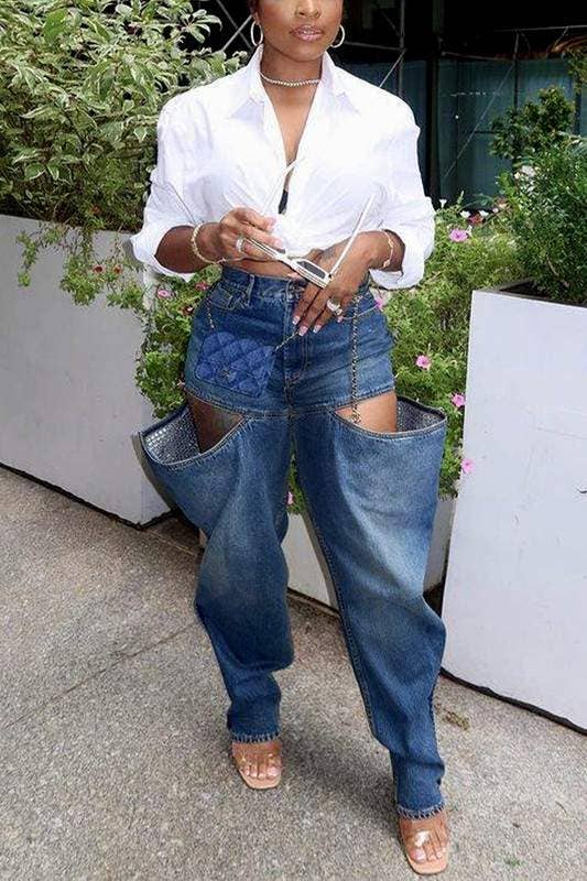 Cutout baggy denim long jeans