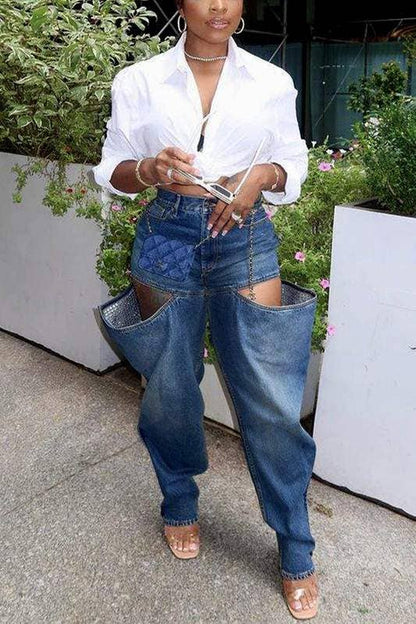 Cutout baggy denim long jeans