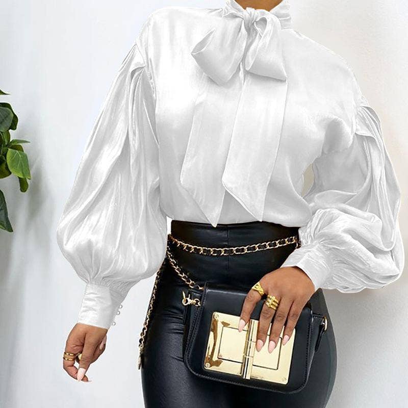 Stylish Stand Collar Bowknot Lantern Sleeve Blouse