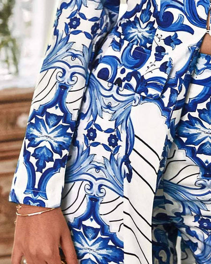 Baroque print long sleeve blazer shorts set