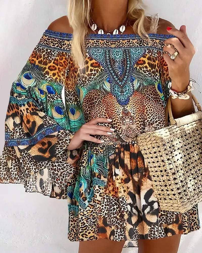 Shoulder animal leopard print long sleeve dress
