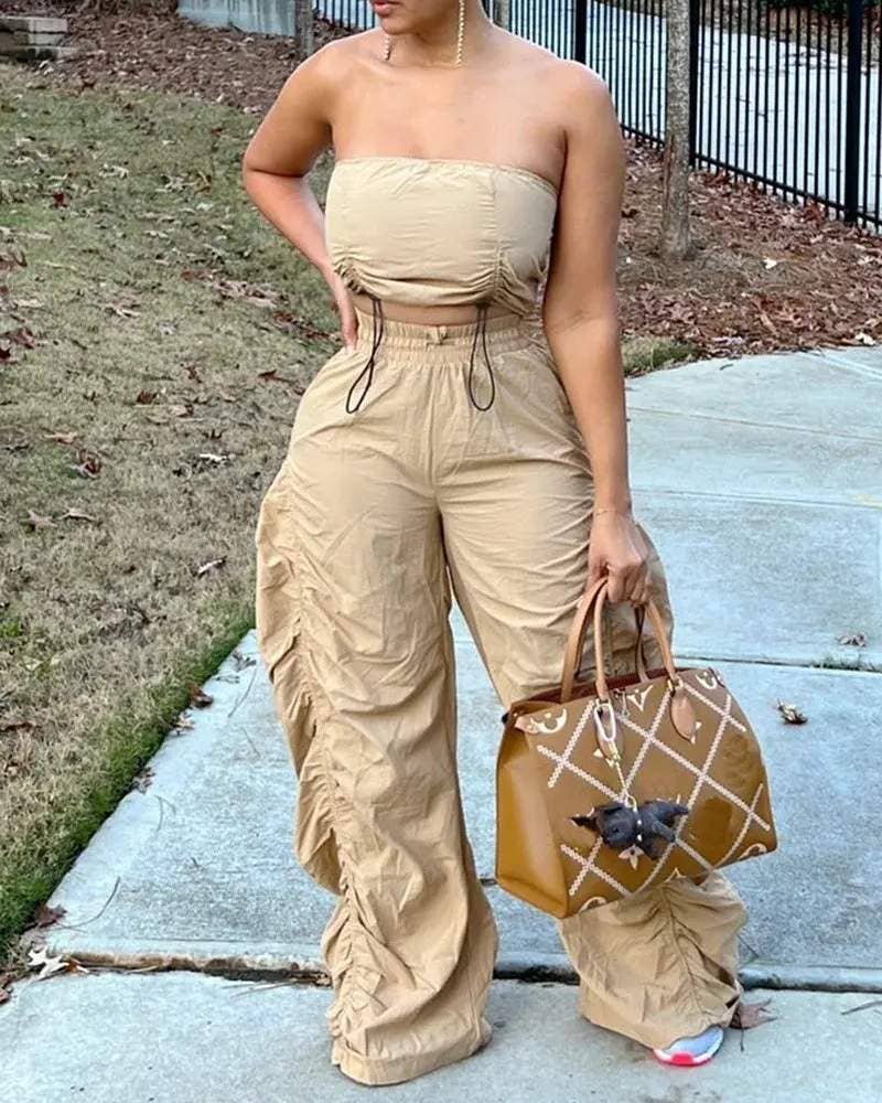 Drawstring hem crop tube top ruched pants set